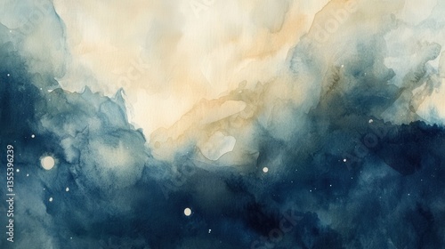 Blue and gold watercolor painting with flowing abstract design