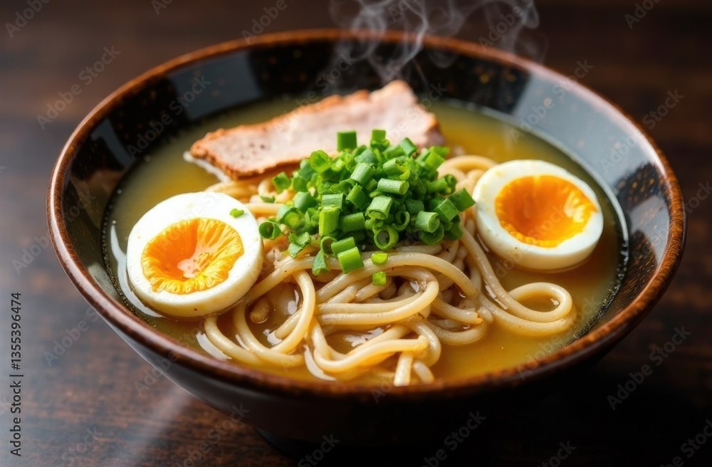 Delicious ramen bowl with egg and green onions in a wooden background Delicious ramen bowl with egg and green onions in a wooden background