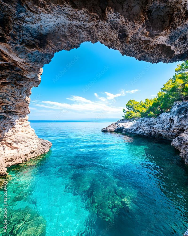 Fototapeta premium Coastal Cave, Azure Water, Sunny Day