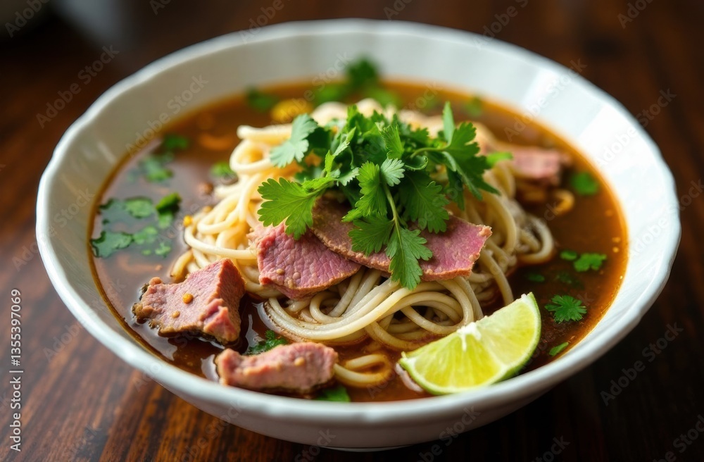 Delicious bowl of noodle soup topped with meat and herbs Delicious bowl of noodle soup topped with meat and herbs