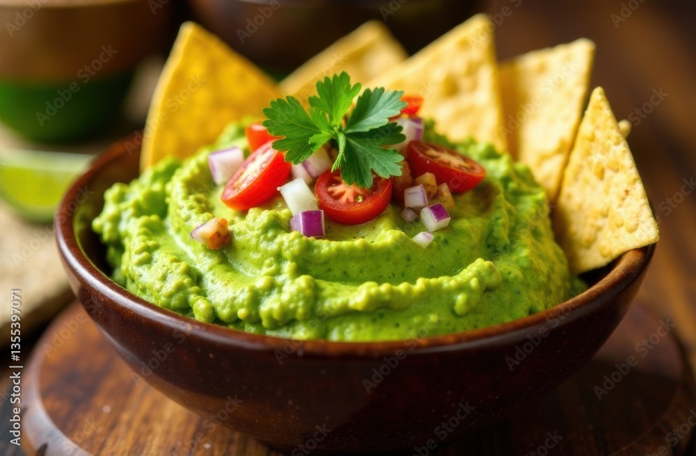 Creamy guacamole dip topped with tomatoes and cilantro in a bowl Creamy guacamole dip topped with tomatoes and cilantro in a bowl