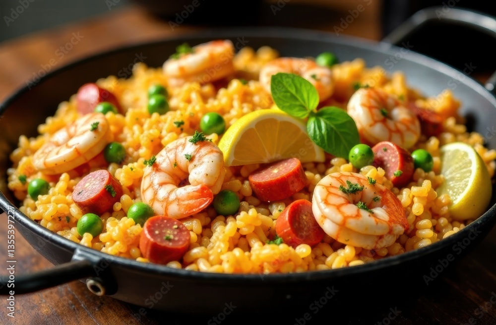 Shrimp and sausage paella with vegetables and lemon wedge Shrimp and sausage paella with vegetables and lemon wedge