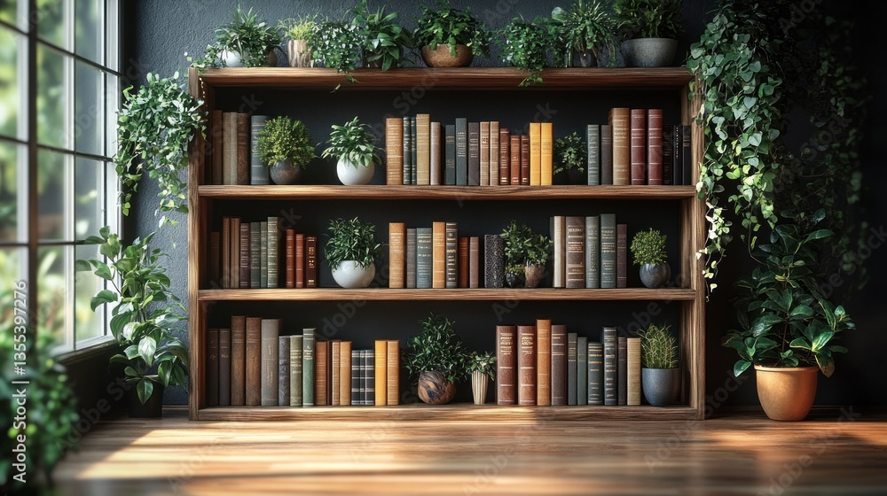 Bookshelf with plants by window in sunlit room Bookshelf with plants by window in sunlit room