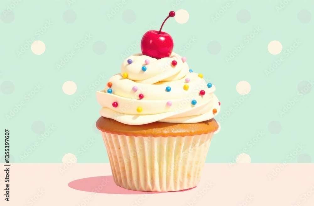 Colorful cupcake with cherry topping on polka dot background Colorful cupcake with cherry topping on polka dot background