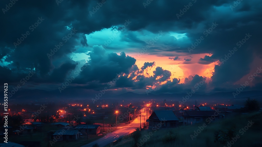 Fototapeta premium A dramatic sunset over a quiet town, illuminated by streetlights under a stormy sky.