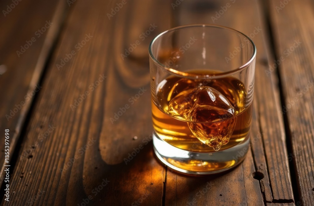 Whiskey glass with ice on rustic wooden table Whiskey glass with ice on rustic wooden table