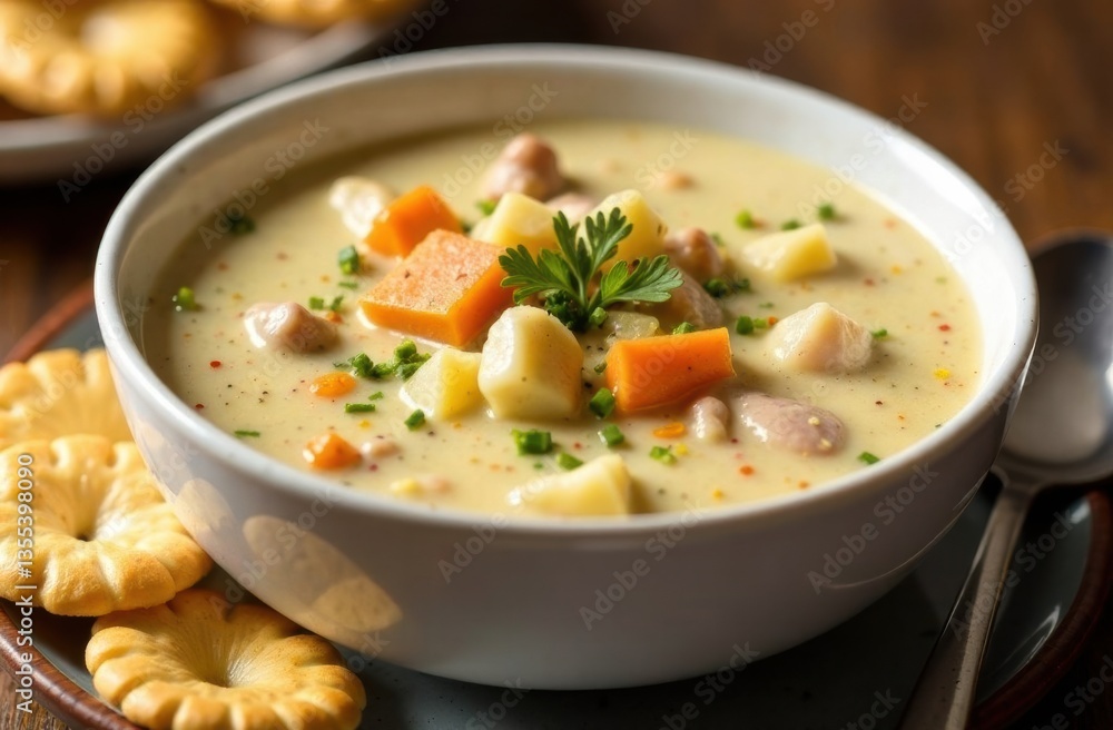 Creamy vegetable soup with crackers on a rustic table Creamy vegetable soup with crackers on a rustic table
