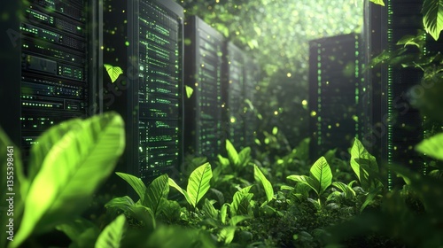 Green Data Center Sustainable Tech in Lush Jungle.