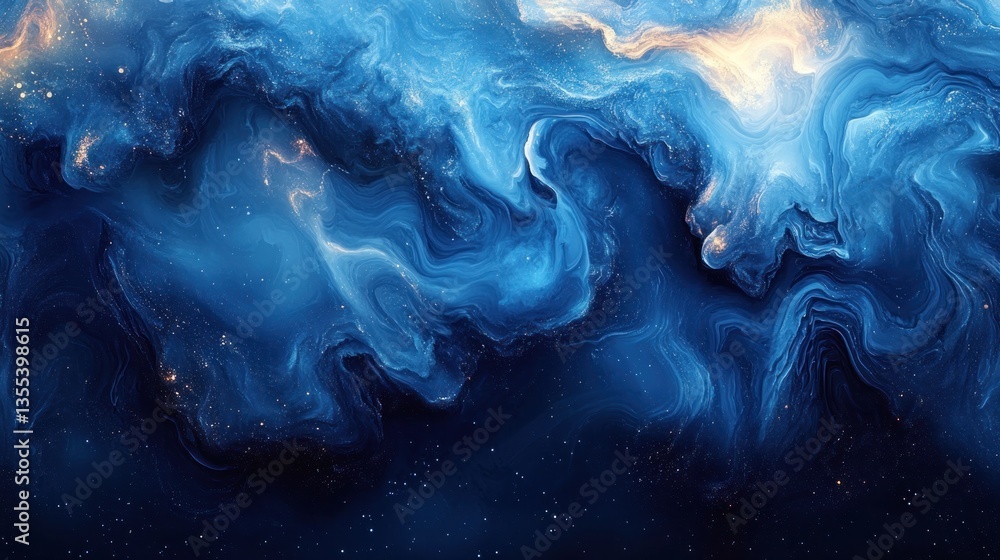 Blue swirling cosmic nebula with golden highlights in deep space Blue swirling cosmic nebula with golden highlights in deep space