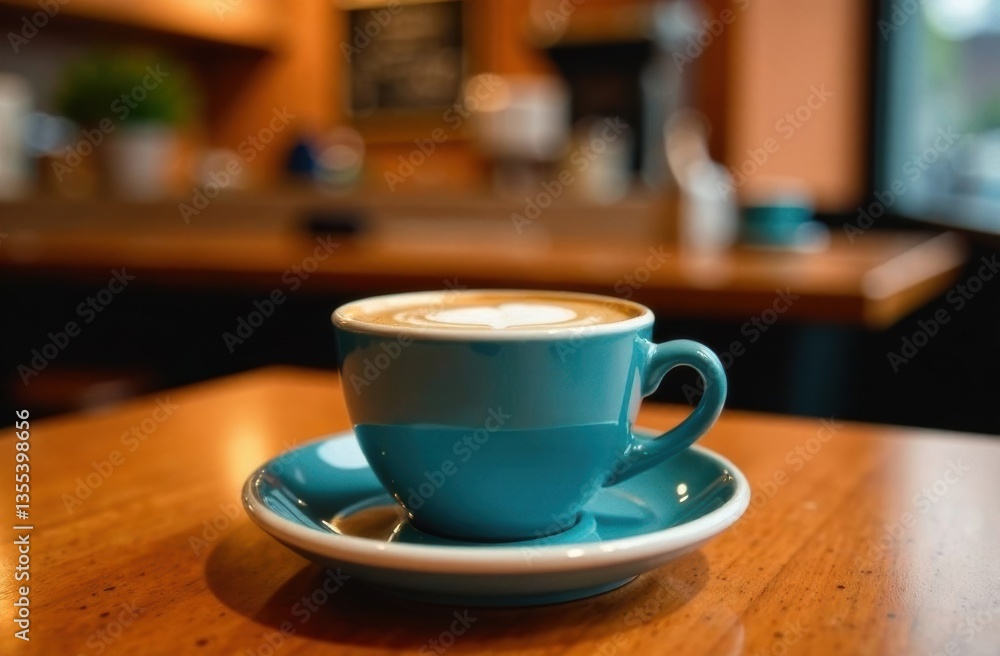 Coffee cup on a wooden table in a cozy cafe setting Coffee cup on a wooden table in a cozy cafe setting