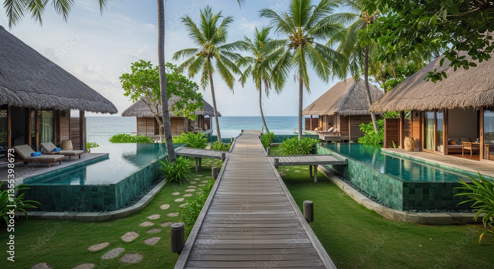 Obraz premium Walking on Boardwalk Towards Tropical Beach Resort with Palm Trees
