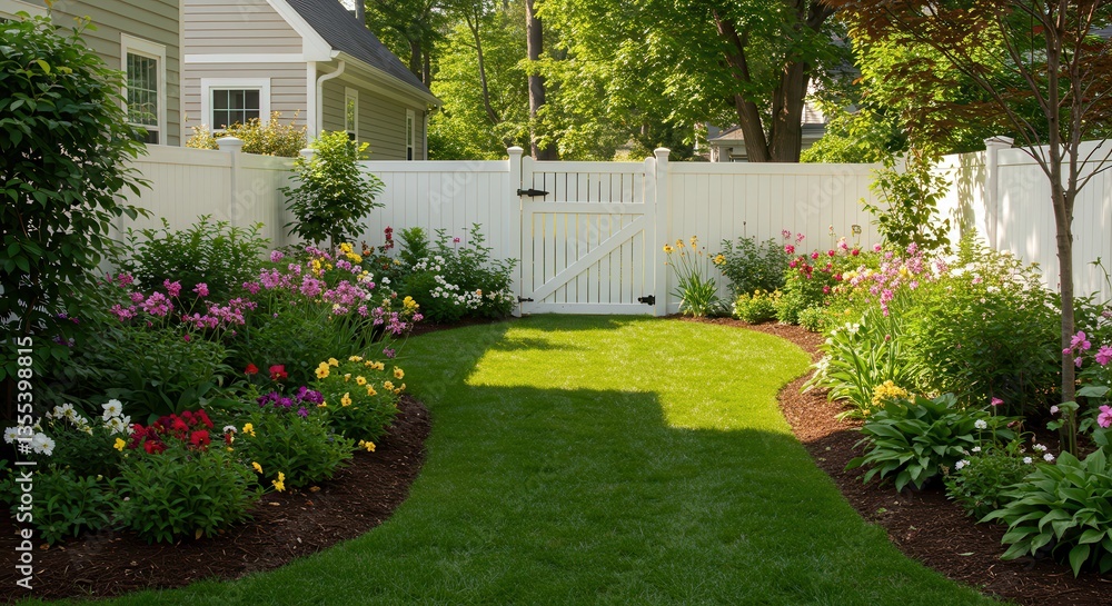 Fototapeta premium Walking Into Beautiful Garden Through Gate with Green Lawn and Flowers