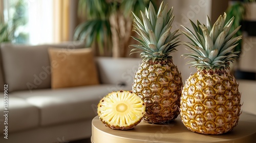 Fresh pineapples on an elegant side table, with a tastefully decorated living room environment blurred.