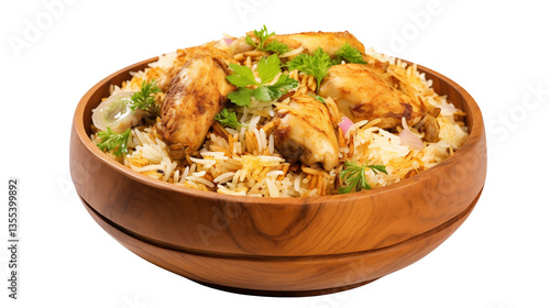 Close up of chicken biryani in a wooden bowl with parsley and sliced onions on a black backgroundisolated on transparent background	