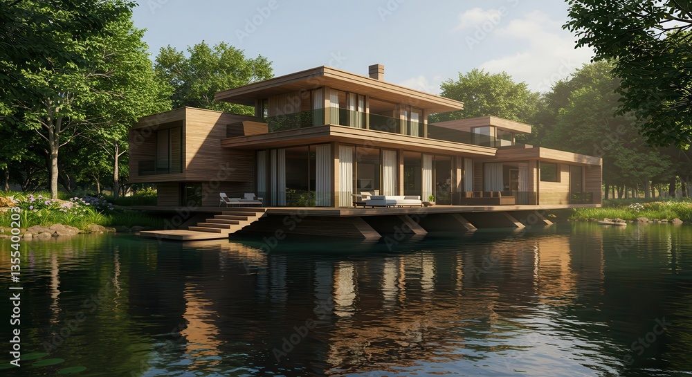 Obraz premium Modern Wood House Over Water Reflects on Calm Lake Surrounded by Trees