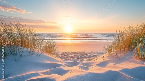 Serene sunset over sandy beach with seagrass.
