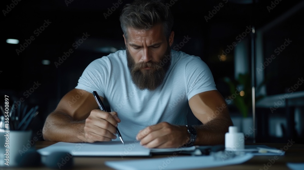 Focused man writing in a notebook at a desk Focused man writing in a notebook at a desk
