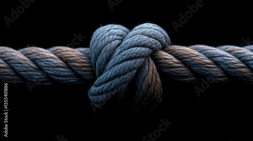 Close-up of a tight knot in a thick rope.  Dark background accentuates the texture and form