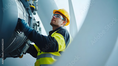 A technician inside a wind turbine nacelle, inspecting the blades, gearbox, and other components to ensure efficiency.