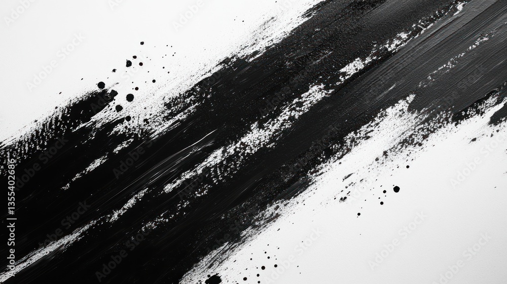 Obraz premium Black paint stroke on white background with splatters (1)