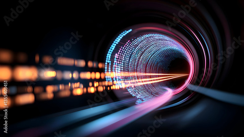 Abstract Digital Tunnel with Glowing Data Streams