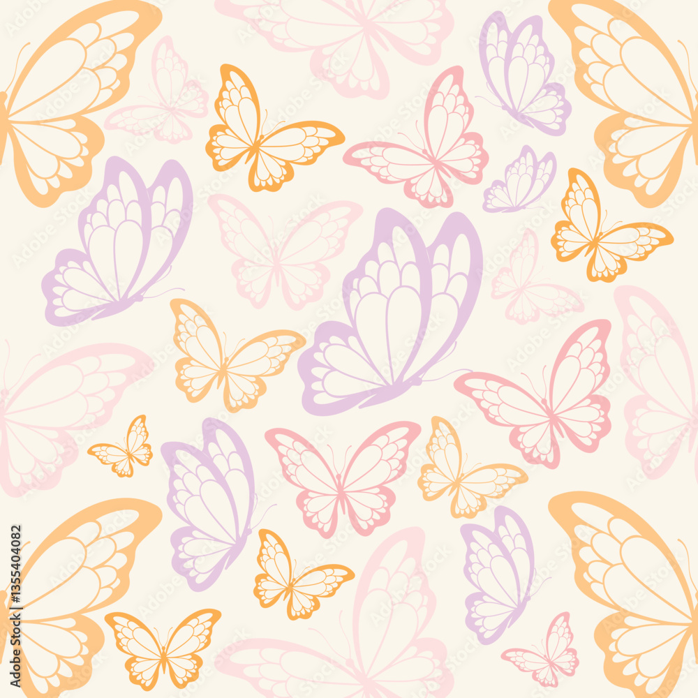 Seamless pastel butterfly pattern in soft pink, lavender, and peach tones. Light and airy design, perfect for textiles, wallpapers, gift wrap, invitations, baby products, and spring-themed projects. Seamless pastel butterfly pattern in soft pink, lavender, and peach tones. Light and airy design, perfect for textiles, wallpapers, gift wrap, invitations, baby products, and spring-themed projects.