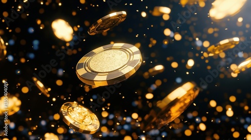 Golden Casino Chips and Coins Raining Down on Black.