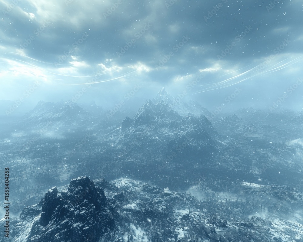 Naklejka premium Majestic Snow-Capped Mountain Range Under Moody Skies – Immersive Winter Landscape Photography with Dramatic Clouds and Vast Wilderness Vista in a Serene Frozen World