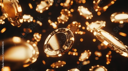 Golden Casino Chips Raining Down on Black Background.