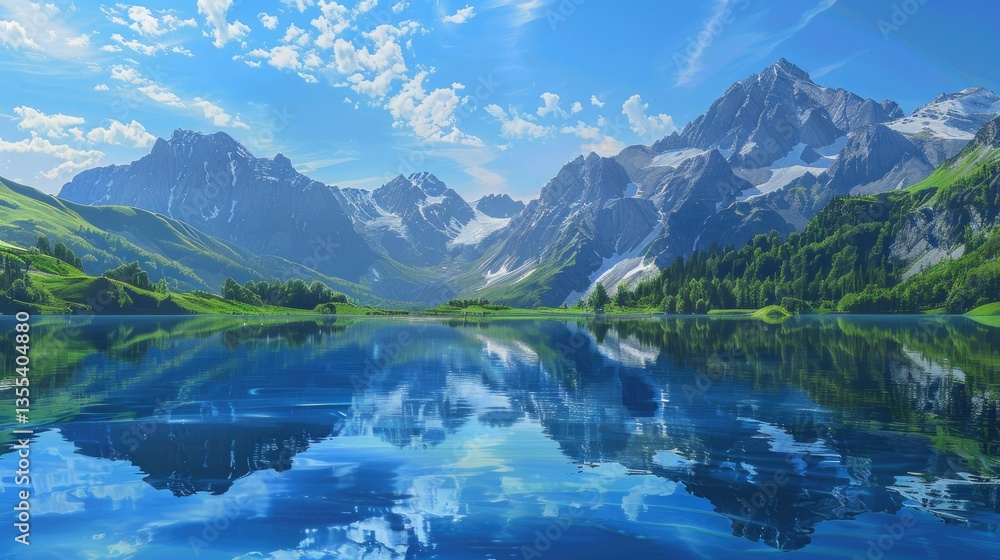 A peaceful lake with crystal-clear water reflecting the sky and surrounding mountains, ideal for relaxation and meditation visuals. A peaceful lake with crystal-clear water reflecting the sky and surrounding mountains, ideal for relaxation and meditation visuals.