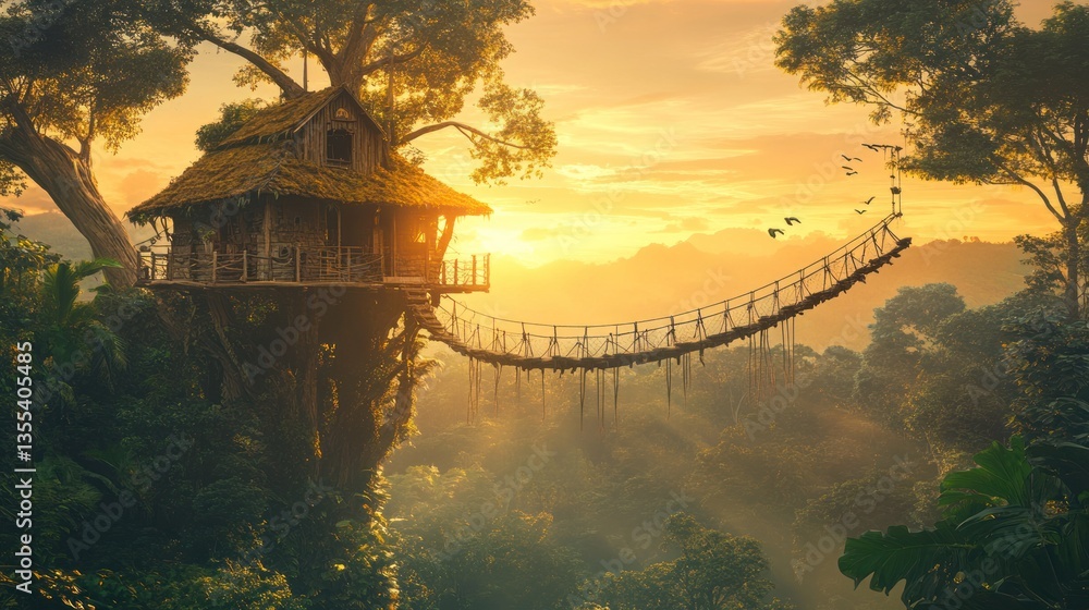 Fototapeta premium Enchanting treehouse retreat nestled amidst a lush rainforest canopy at twilight