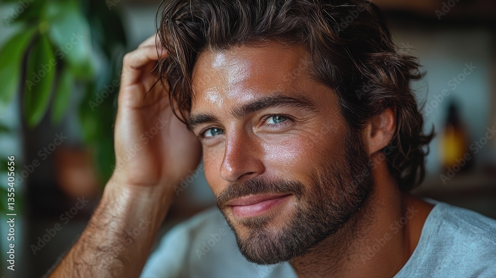 Obraz premium A young man with a charming smile and tousled hair sits in a relaxed pose. The warm, inviting indoor space features plants and gentle lighting, creating a comfortable atmosphere