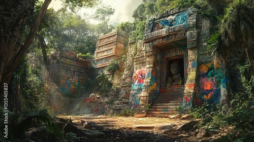 Ancient ruins adorned with colorful graffiti art.