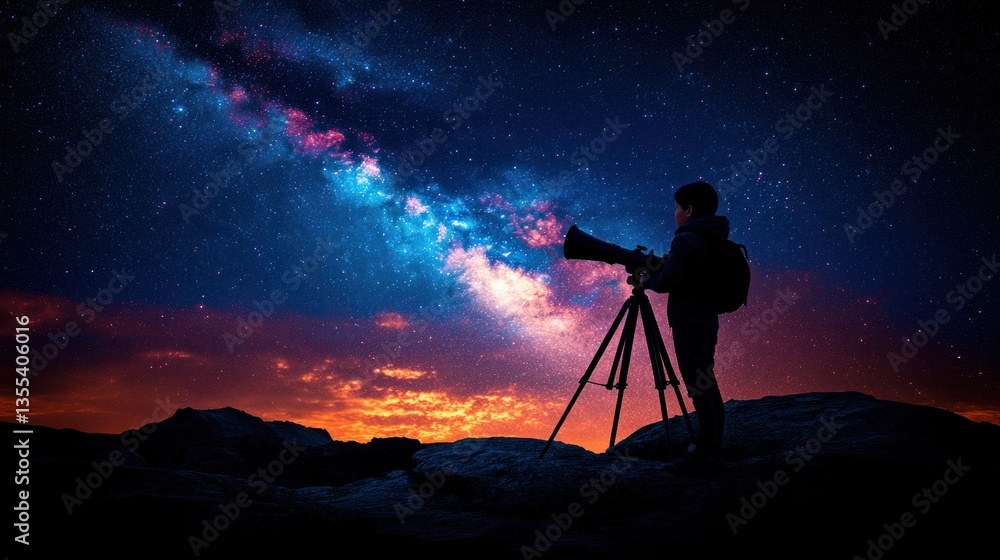 Boy photographing Milky Way at sunset from mountaintop Boy photographing Milky Way at sunset from mountaintop