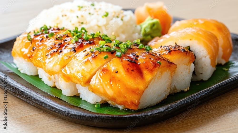 Teriyaki Salmon Sushi Platter with Rice Teriyaki Salmon Sushi Platter with Rice