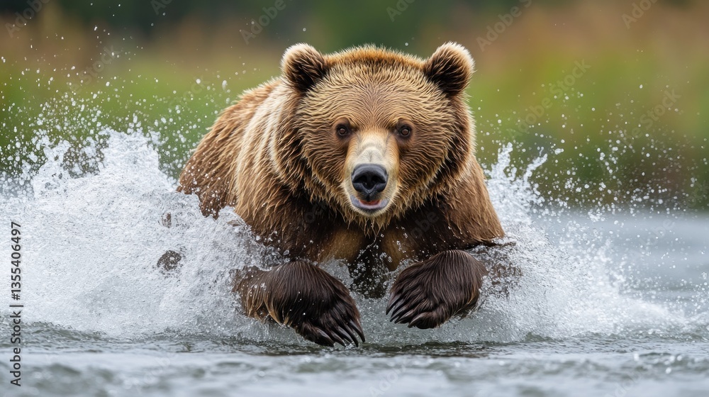 Brown bear charging through river, splashing water, blurred background Brown bear charging through river, splashing water, blurred background