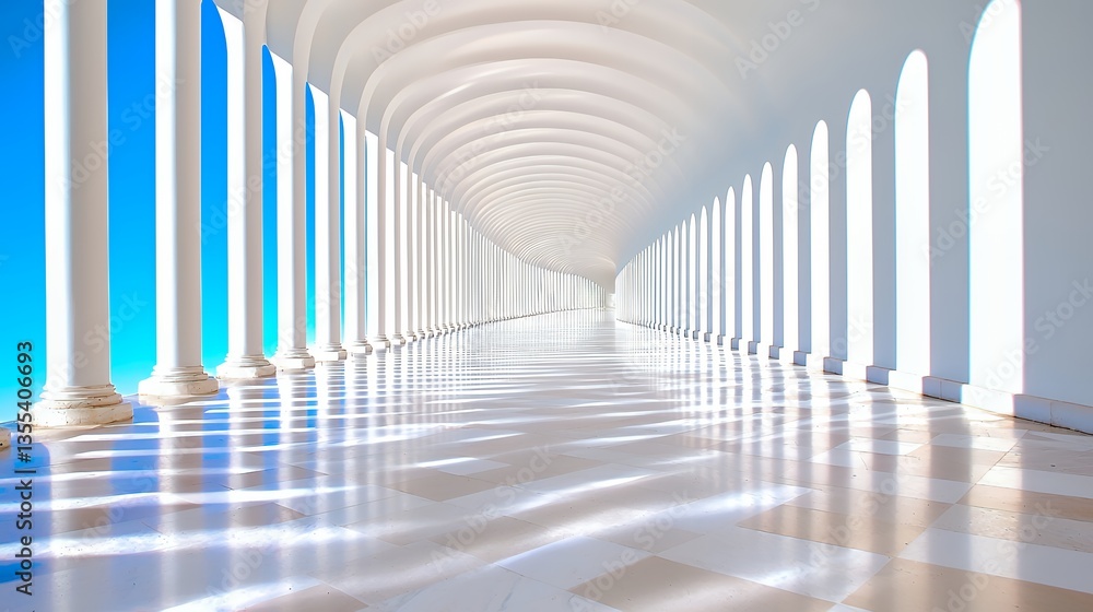 Fototapeta premium Architectural Corridor with White Columns and Bright Blue Sky, Reflected Light