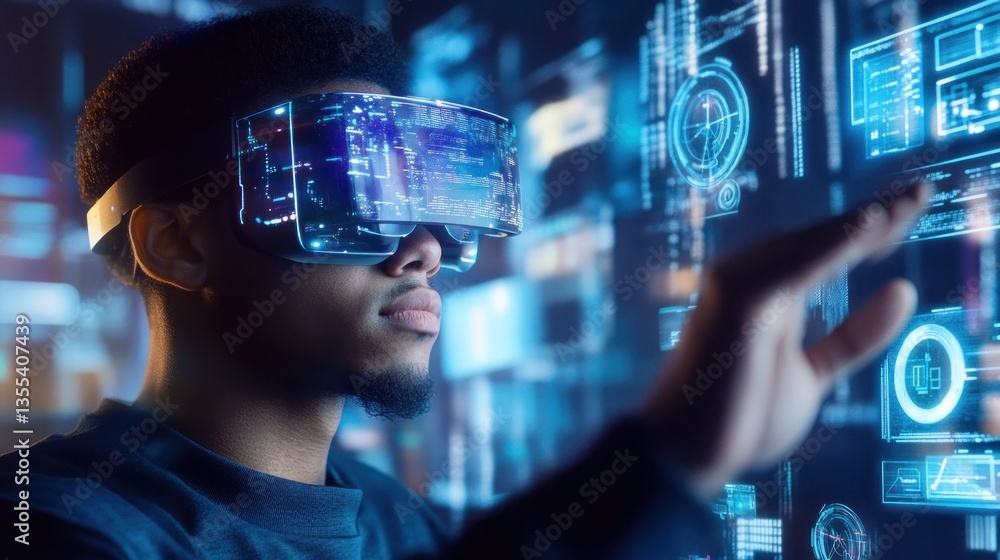 Fototapeta premium Immersive augmented reality: A programmer interacting with digital interface via AR glasses