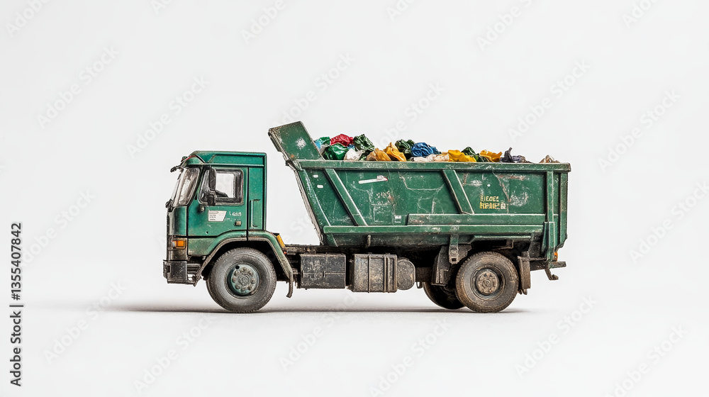 Garbage truck with rubbish, waste in vehicle isolated on white vector illustration. Trash recycle transportation, green container transport. Garbage disposal clean transport for environment. Garbage truck with rubbish, waste in vehicle isolated on white vector illustration. Trash recycle transportation, green container transport. Garbage disposal clean transport for environment.