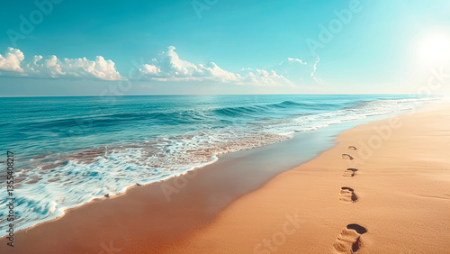Obraz na płótnie Footprints on Tranquil Beach. A Path Towards Forgiveness and Healing. New Beginnings, Letting Go, Serenity by the Sea. w salonie