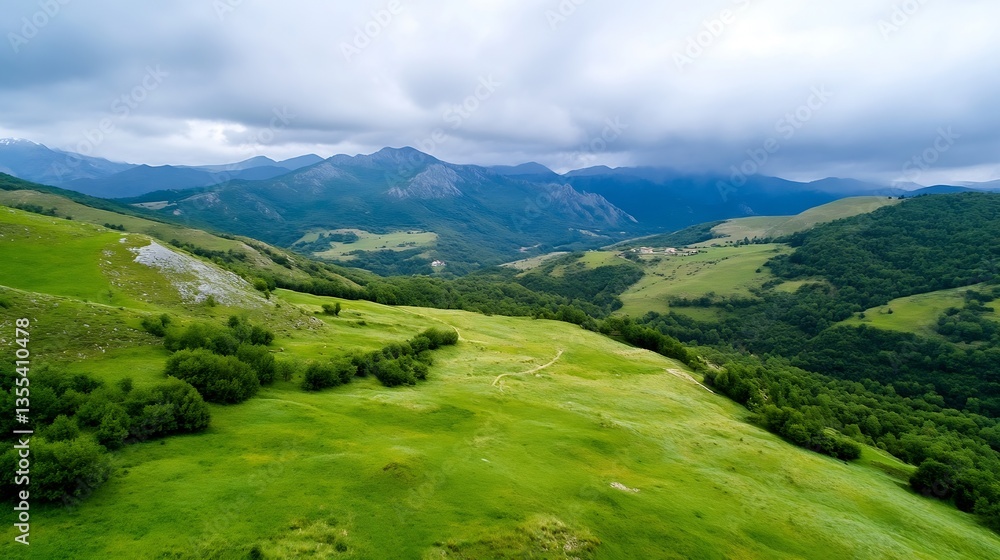 Naklejka premium Open green landscape with rolling hills and mountains under a cloudy sky showcasing nature's beauty : Generative AI