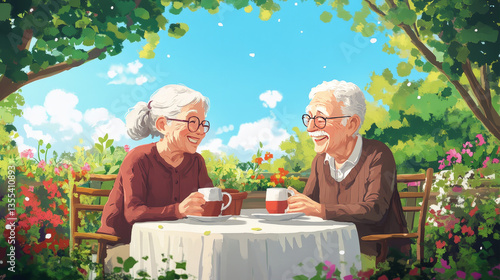 Obraz na płótnie Elderly couple relax outdoor country house, lovely romantic grandma and grandpa rest in garden flat vector illustration, cozy old age. w salonie