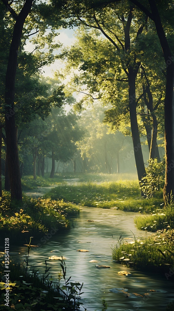 Fototapeta premium A serene forest scene with a gentle stream surrounded by lush greenery and soft sunlight.