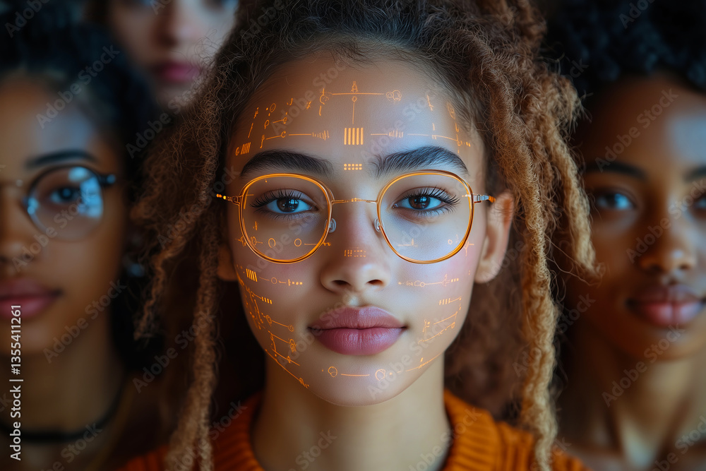 Obraz premium Young Woman with Futuristic Face Paint Digital Art Modern Technology Abstract Design Trendy Glasses Orange Hues Creative Portrait 