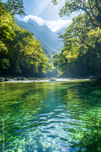 Tranquil Wilderness Escape: Pristine River, Verdant Forest, and Majestic Mountains Under Azure Sky