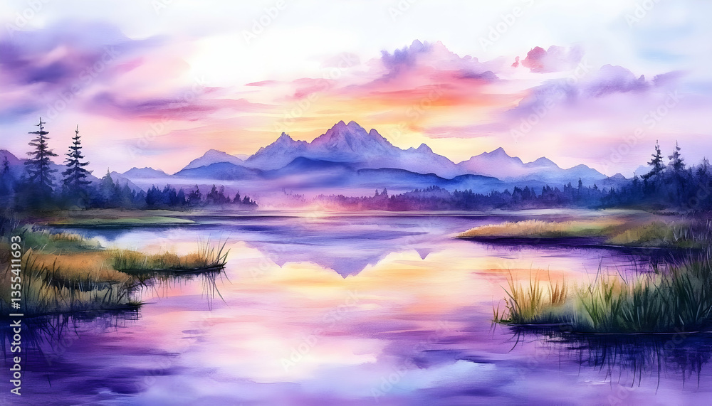 Fototapeta premium Colorful Mountain Lake Sunrise Reflection