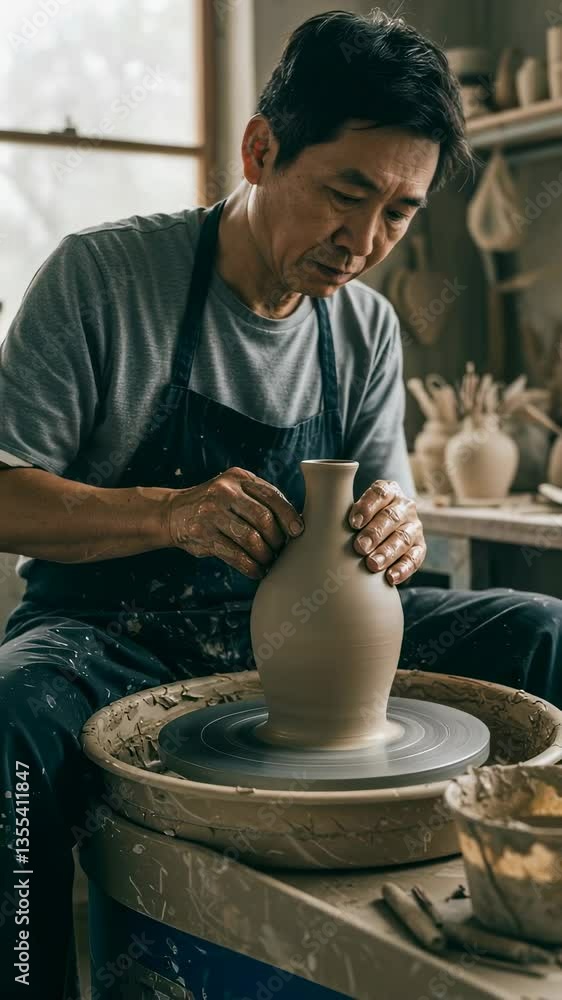 Asian man creating pottery on wheel in workshop. Ceramic artist shaping clay vase. Traditional handicraft and artisanal skill. Handmade ceramic art process. Vertical video Asian man creating pottery on wheel in workshop. Ceramic artist shaping clay vase. Traditional handicraft and artisanal skill. Handmade ceramic art process. Vertical video