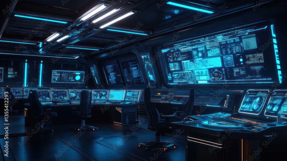 Advanced futuristic command center with luminous screens and consoles, glowing blue Advanced futuristic command center with luminous screens and consoles, glowing blue