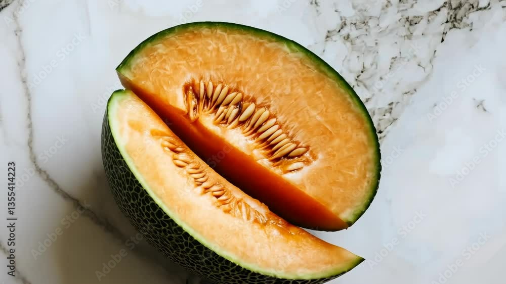 Bright orange cantaloupe cut in half on a marble surface showcasing its juicy flesh and seeds, perfect for summer meals and snacks Bright orange cantaloupe cut in half on a marble surface showcasing its juicy flesh and seeds, perfect for summer meals and snacks