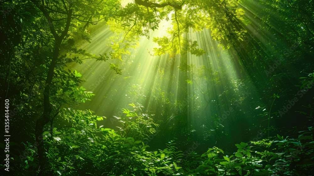 Obraz premium A lush rainforest with towering trees, dense foliage, and misty rays of light piercing through the canopy 